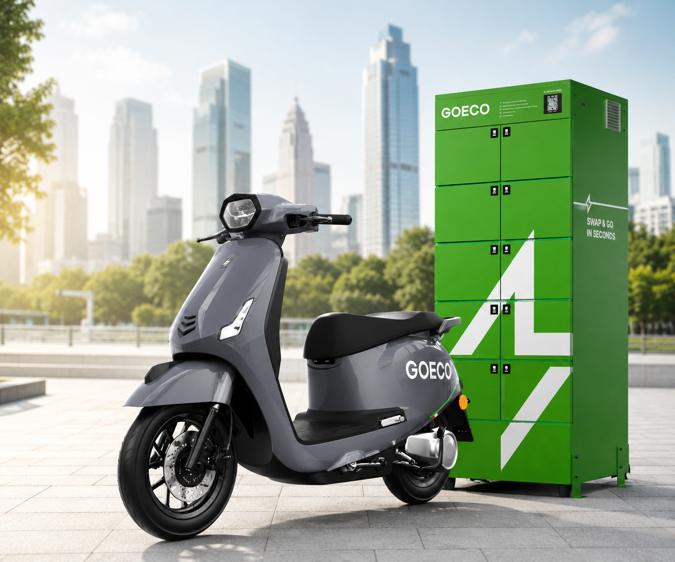 GOECO electric motorcycle beside a green battery-swap cabinet