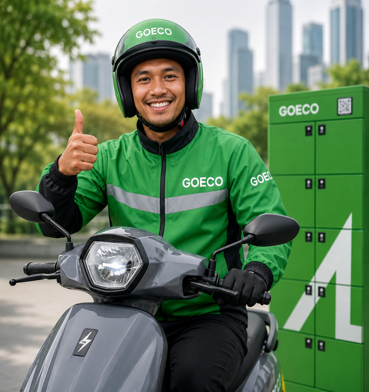 Ride-hailing driver wearing a green GOECO jacket with a GOECO electric motorcycle
